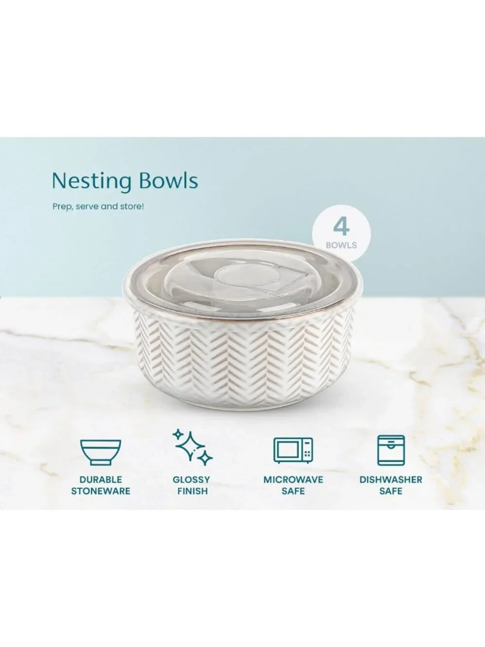 Set of 4 Ivory Ceramic Nesting Bowls with Lids, Embossed Stoneware Kitchenware